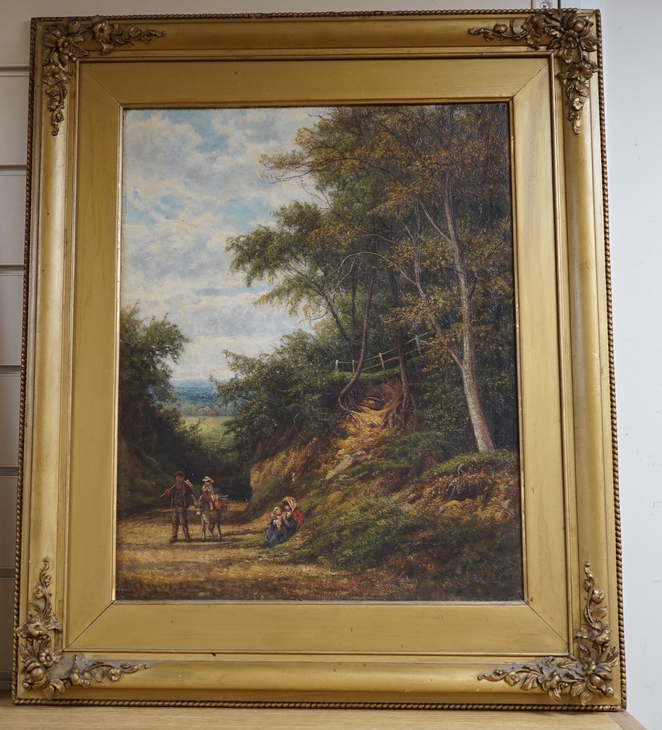 Victorian School, oil on board, Figures on a country lane, indistinctly signed and dated 1875, 48 x 37cm